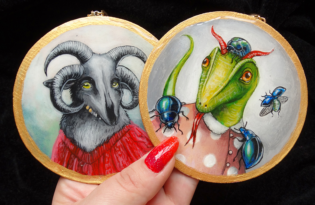 creature statement earrings hand painted miniature artwork jewellery by Drakula Approved