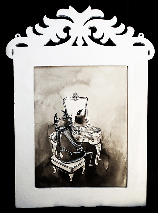 Stag Beetle at Vanity black and white ink painting illustation by Drakula Approved