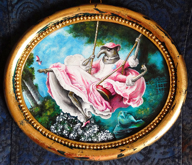 Swing Weevil after Fragonard cute beetle in pink dress painting by Drakula Approved